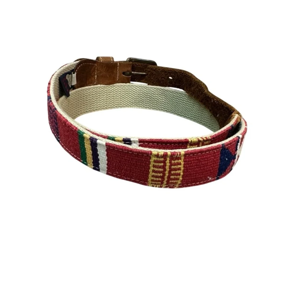 A Tail We Could Wag Belt Mens 36 Woven Mayan Sun Red Leather Brass Buckle Italy